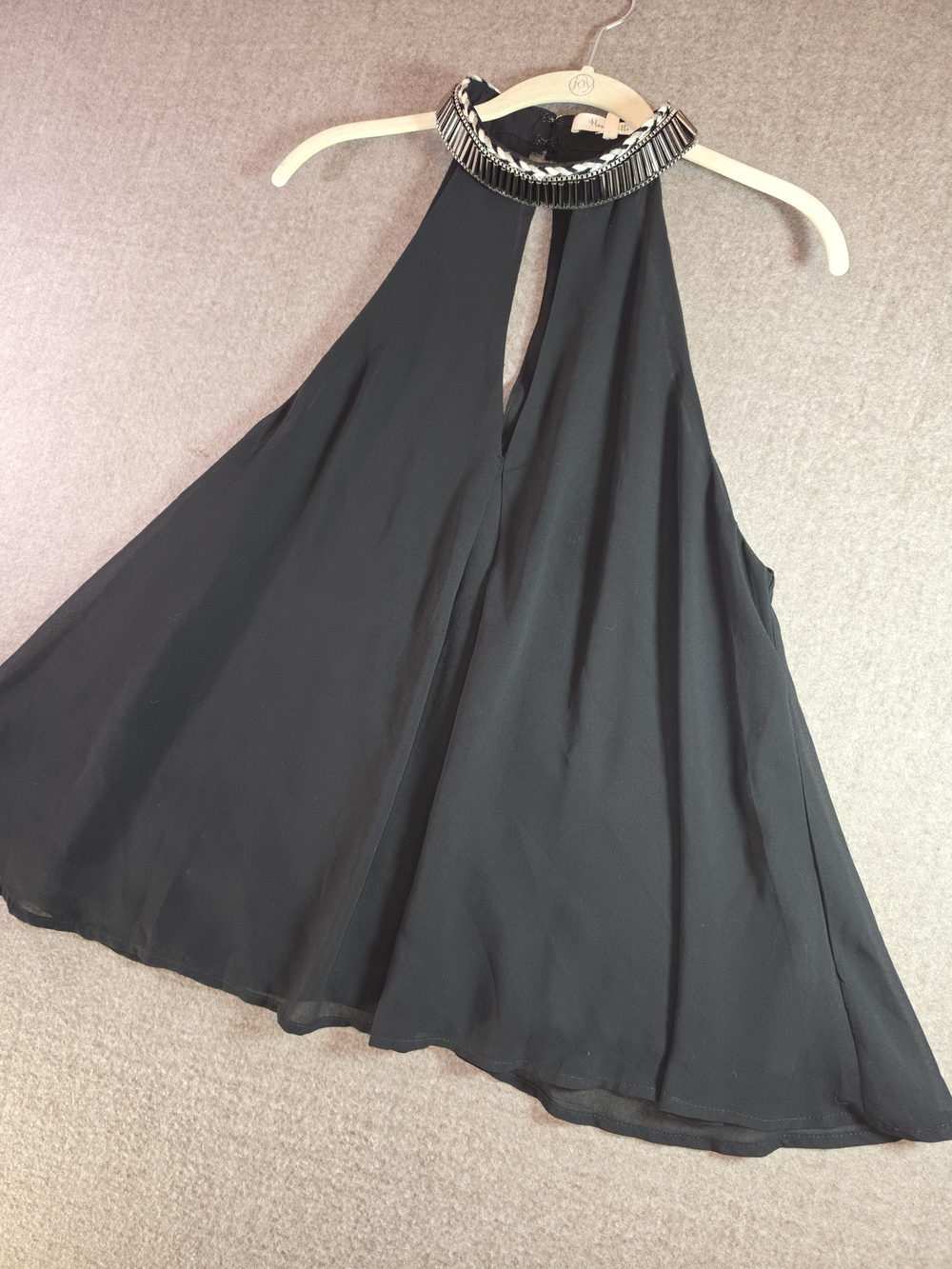 Honey Belle Black Sheer High Beaded Neck Collar Sleeveless Deep V-Neck Large
